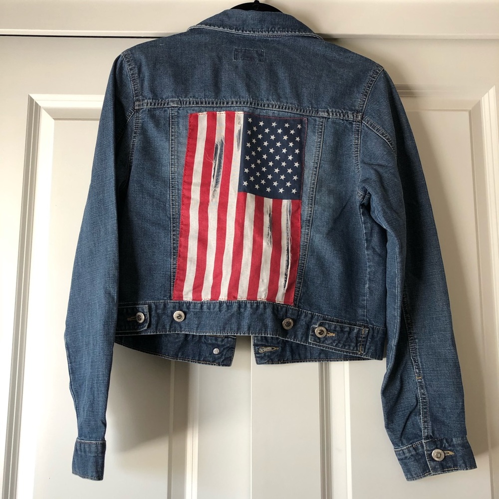 Vtg Upcycled American Flag Denim Jacket